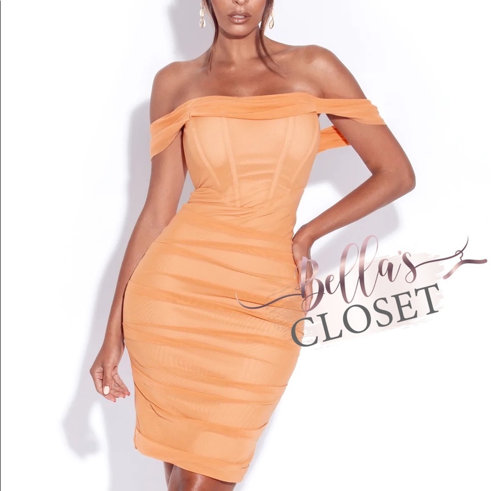 Miss Circle Weslee Orange Off Shoulder Mesh Corset Dress